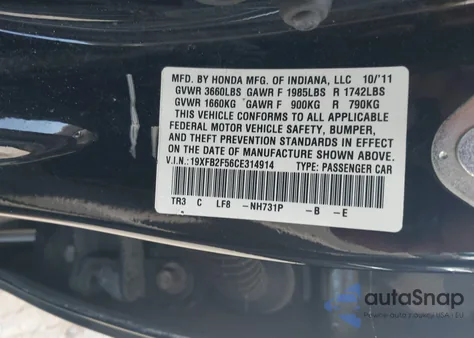 2012 Honda Civic Lx from USA, damaged, VIN 19XFB2F56CE314914